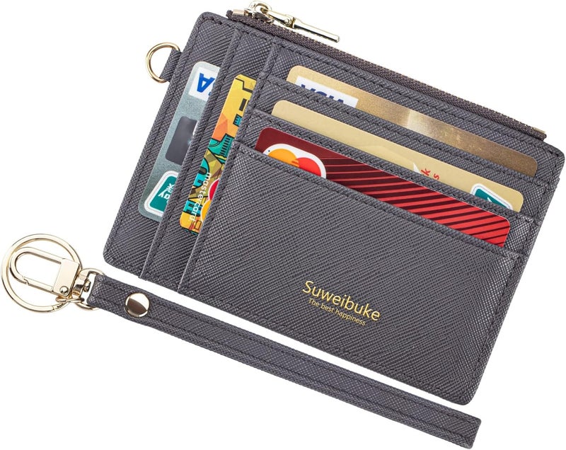 Wikavanli Women Slim Rfid Blocking Credit Card Case Holder Wristlet Zip ID Case Wallet Small Compact Leather Wallet Coin Purse with Keychain (Gray a) - Image 1